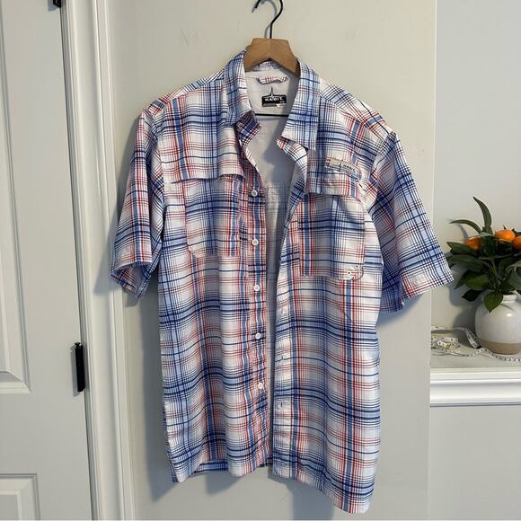 HABIT Red White Blue Plaid Button Front Fisherman Top Medium - Picture 6 of 9